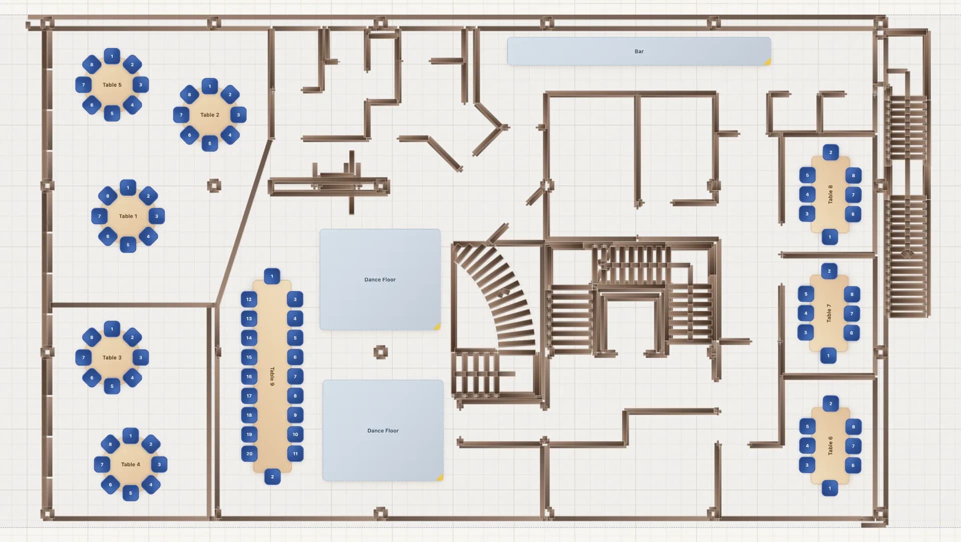 A venue's CAD floor plan imported into SeatPlan.io at scale, with round tables, long tables, a bar and two dance floors placed inside its walls
