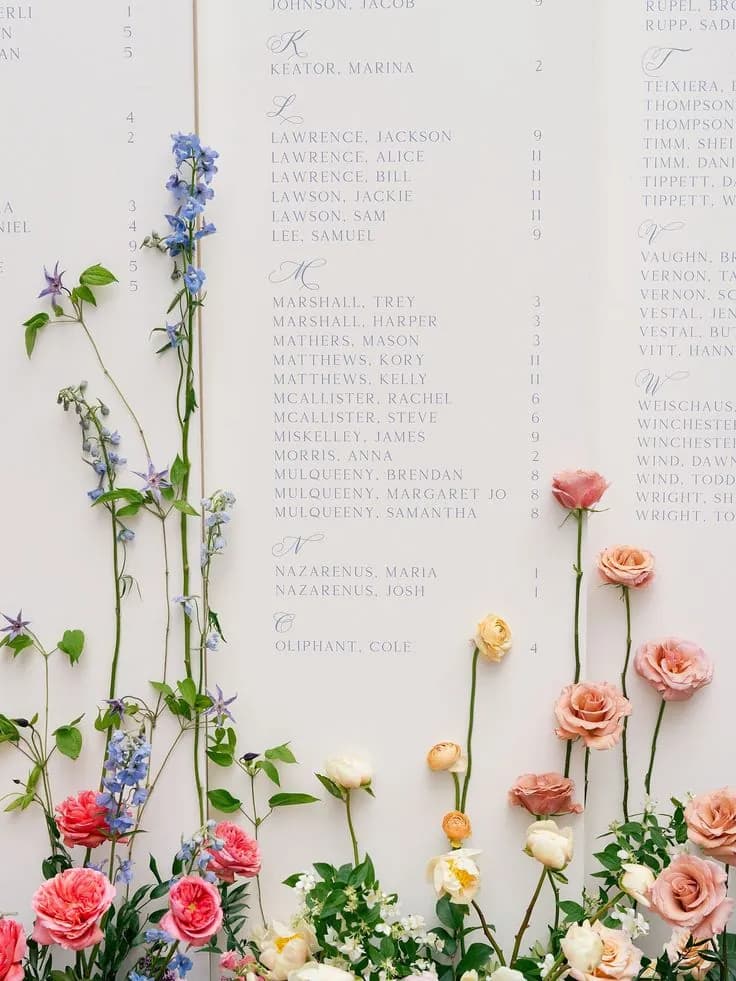 Floral-immersion wedding seating chart: a pale calligraphy board set into a living meadow of garden roses, ranunculus, delphiniums and sweet peas climbing up and across the names
