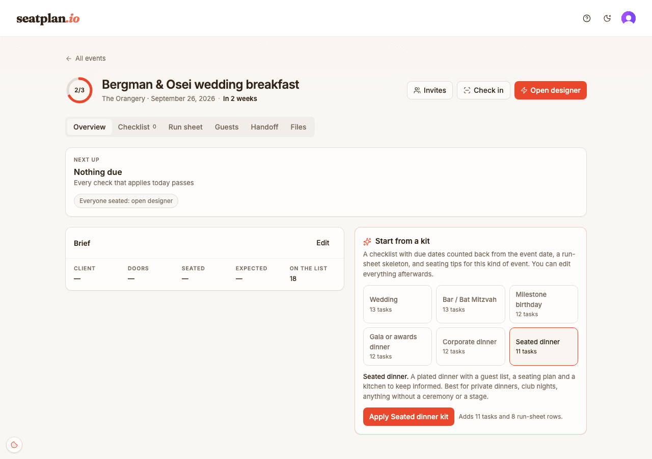 Event workspace in SeatPlan.io with readiness score, checklist, run sheet and quick-start kit picker