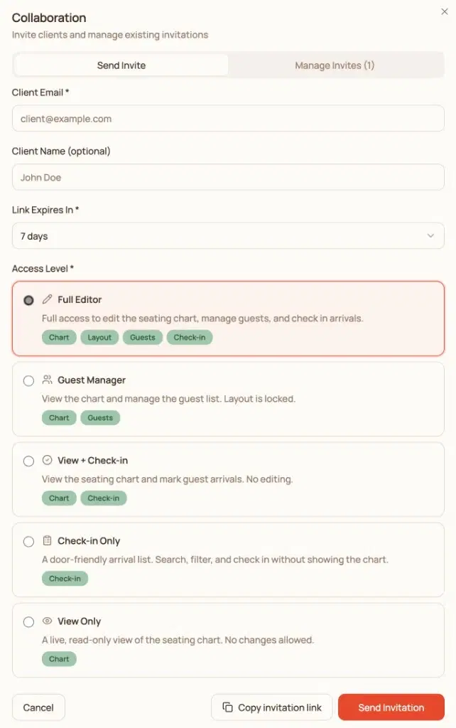 Collaboration invite modal with granular access
