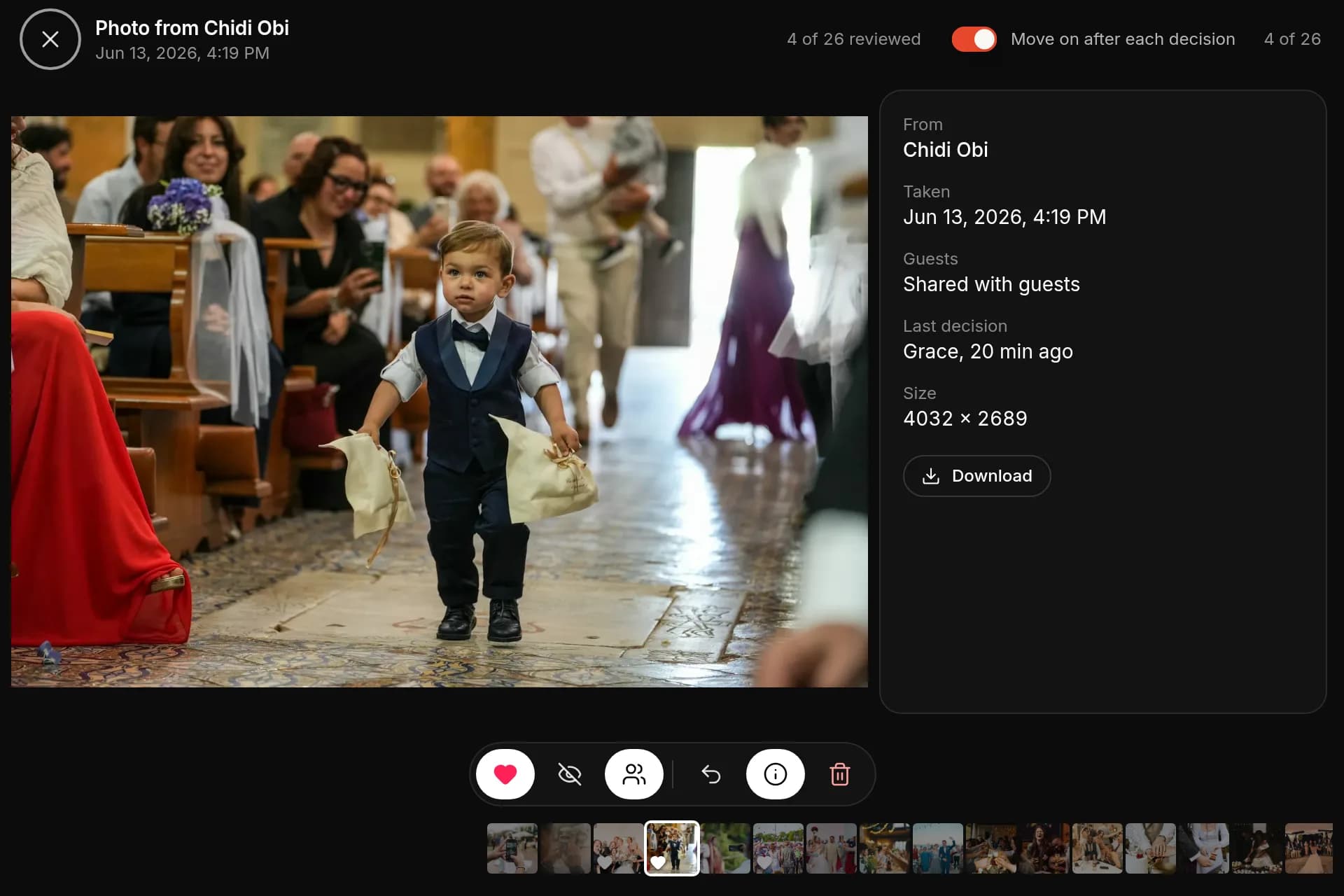 The album's photo viewer: a ring bearer's photo from Chidi Obi, shared with guests, beside its details and above the heart, hide, share and remove buttons