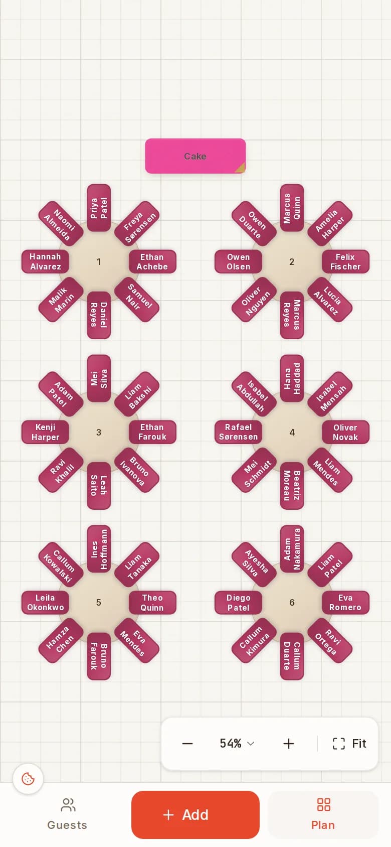 The SeatPlan.io designer on a phone: six round tables seated with full guest names, the Guests and Plan tabs along the bottom