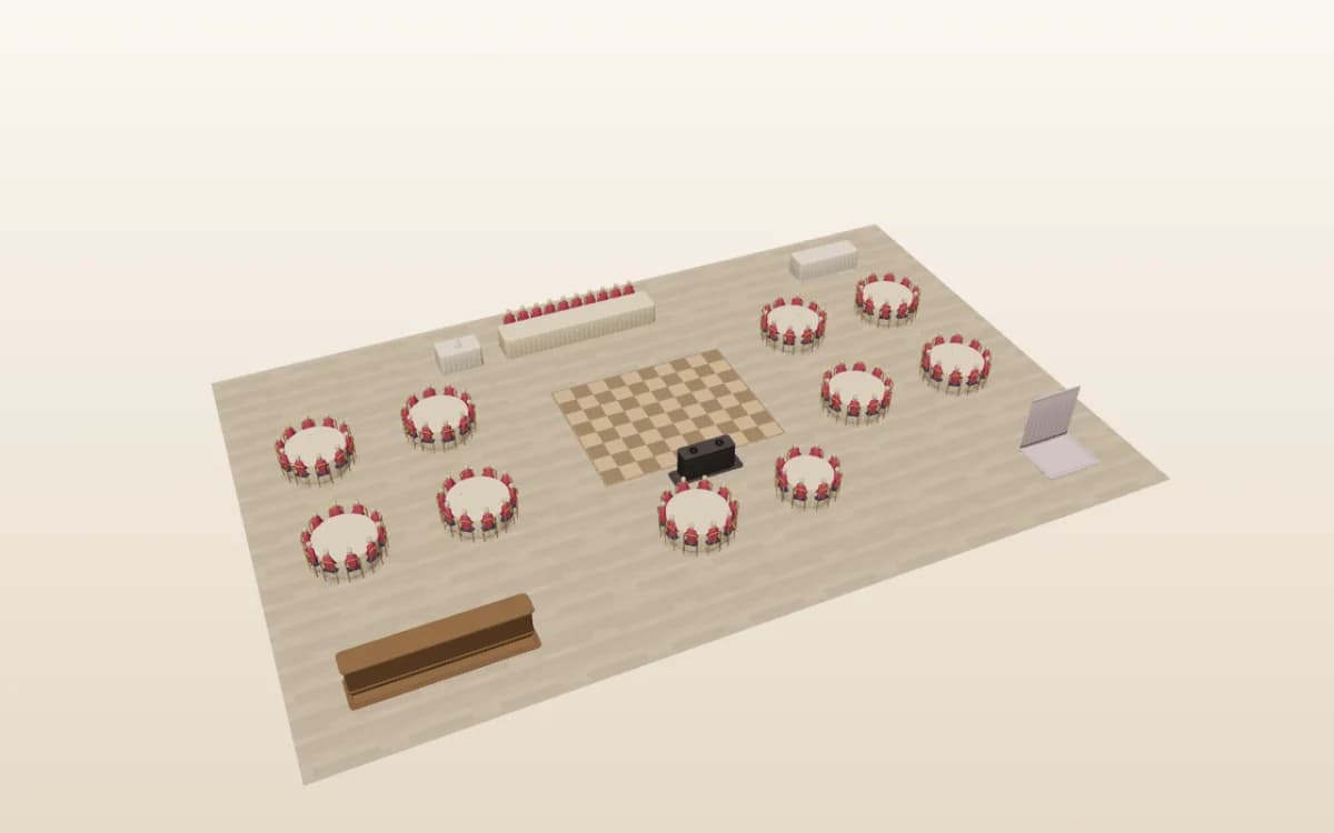 A wedding floor plan in SeatPlan.io's 3D view: eleven round tables with guests seated in red chairs, a long top table, a chequered dance floor, a DJ booth, a bar and a cake table, all on a wooden floor