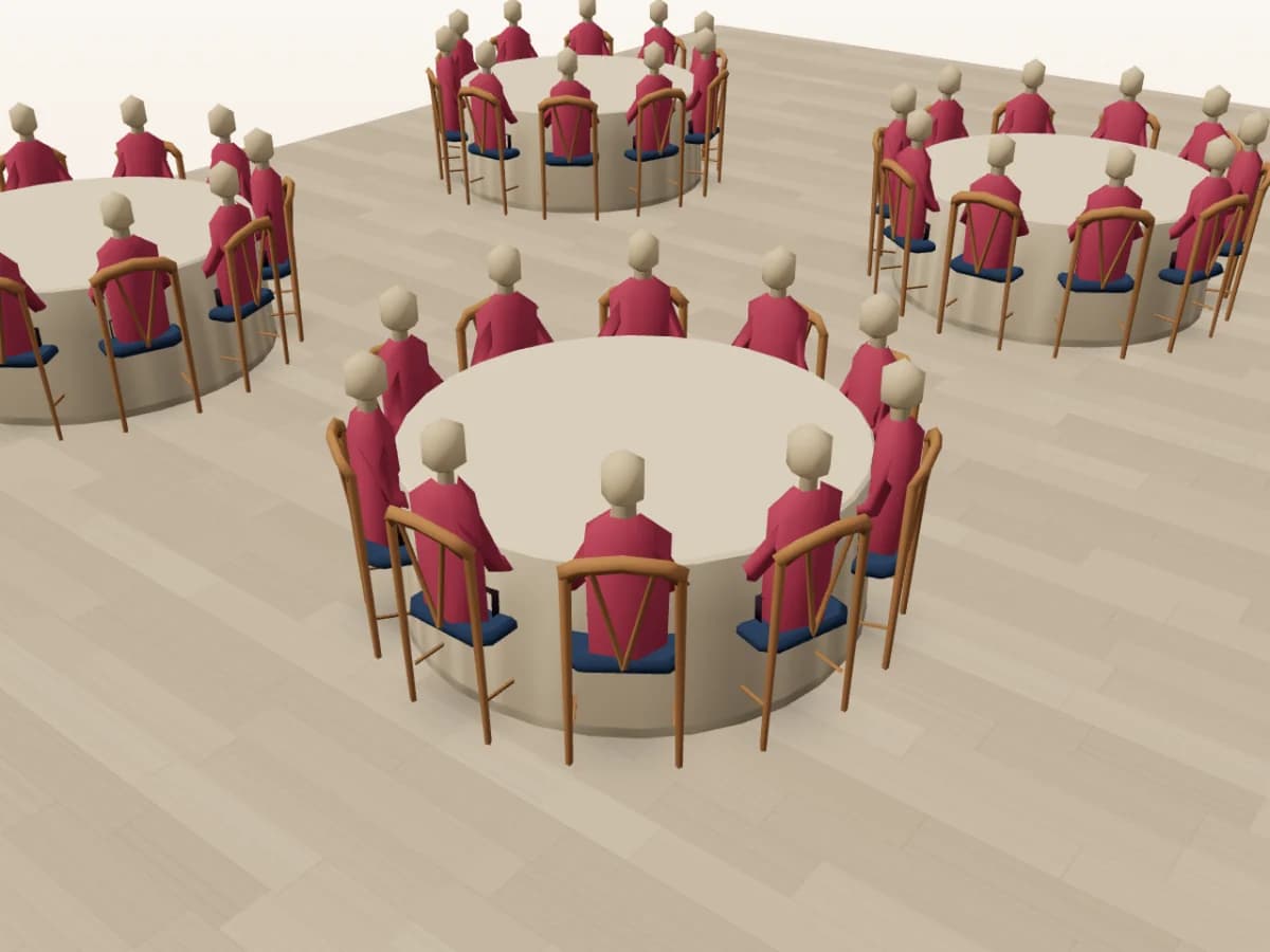 Close-up of SeatPlan.io's 3D view: guests seated around linen-covered round tables in curved wooden chairs with upholstered seats