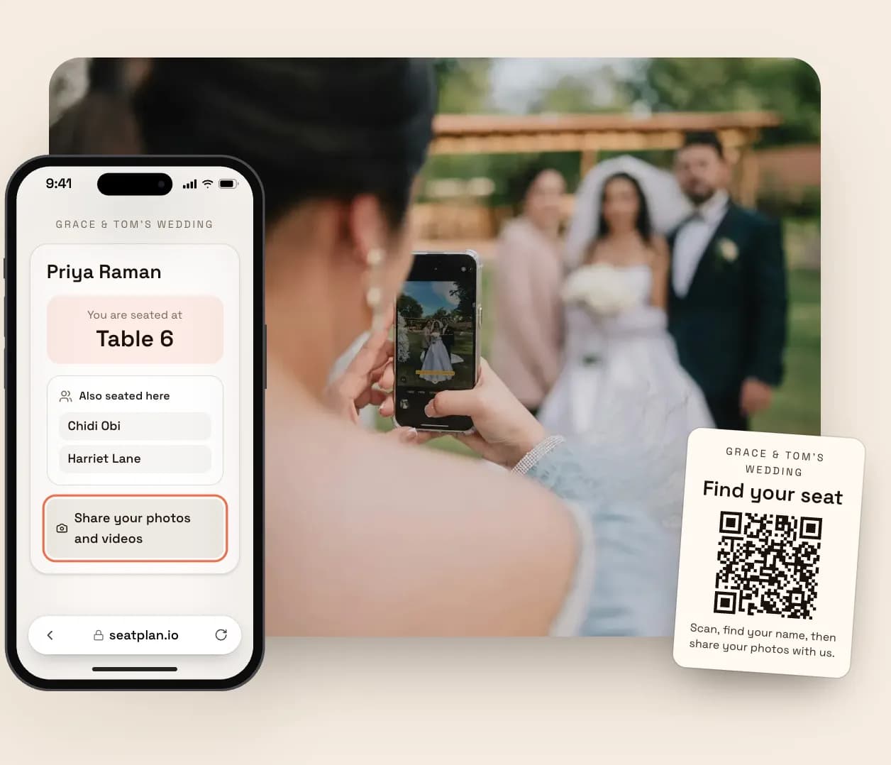 A wedding guest's phone showing their seat at Table 6 and a Share your photos and videos button, beside the table's Find your seat QR card.