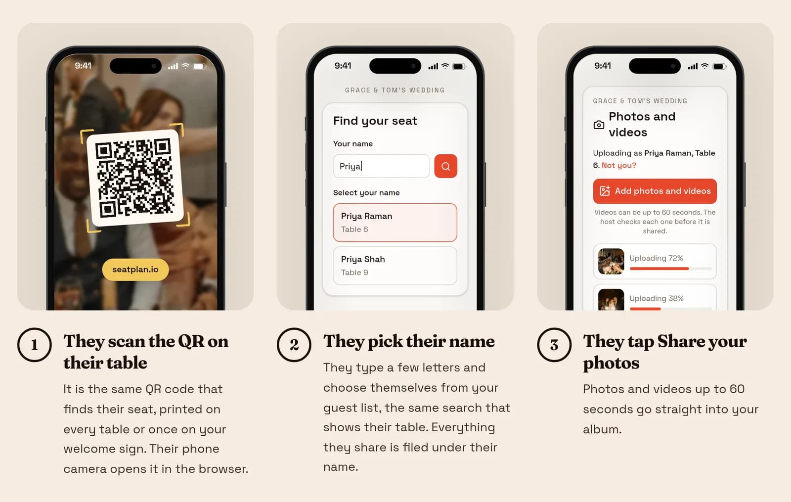 Three phone screens: scanning the table QR, picking a name from the guest list, and uploading photos and videos as Priya Raman, Table 6.
