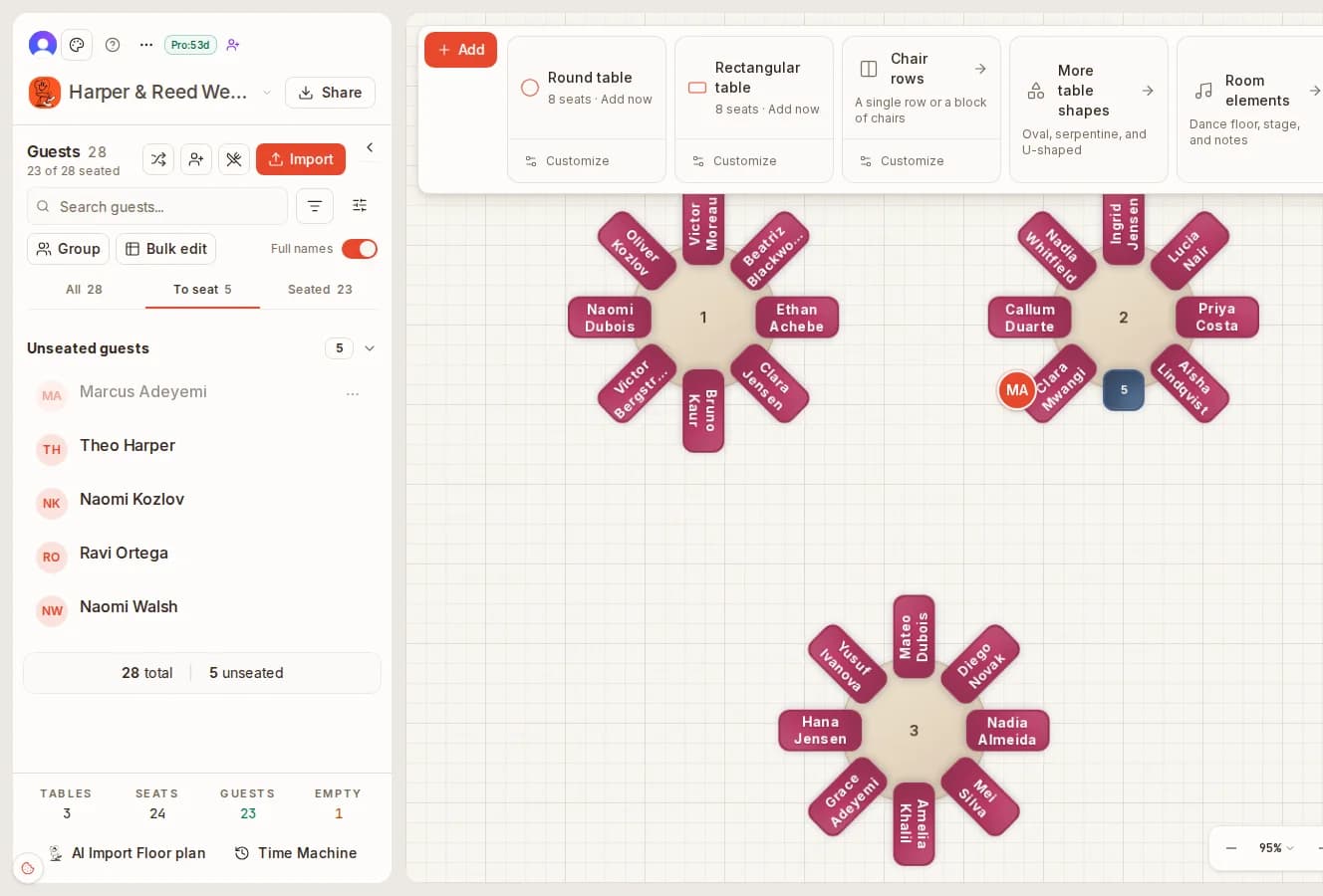 The SeatPlan.io designer with the guest list panel open beside the chart: seated guests listed with their table and seat, and full names on every chair