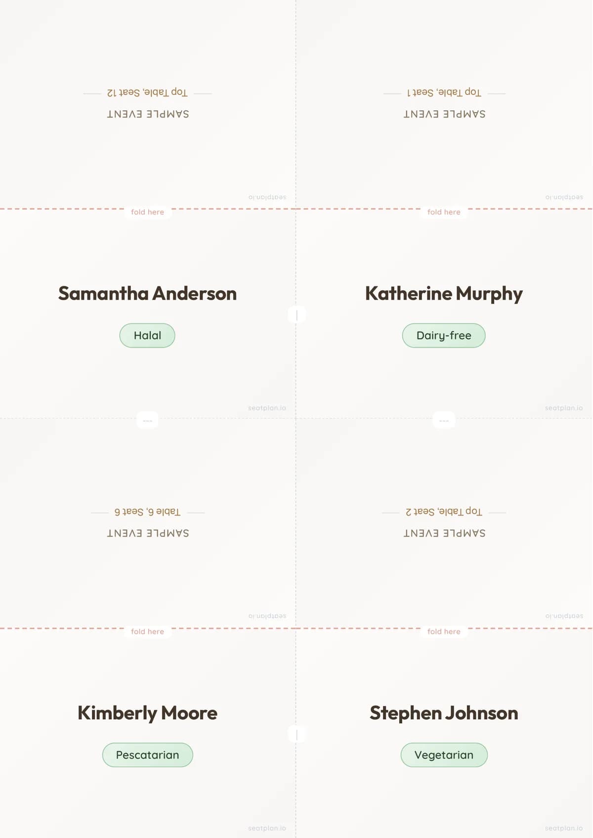 Four foldable place cards from the SeatPlan.io export, each with a guest's full name, their table and seat, and a dietary note