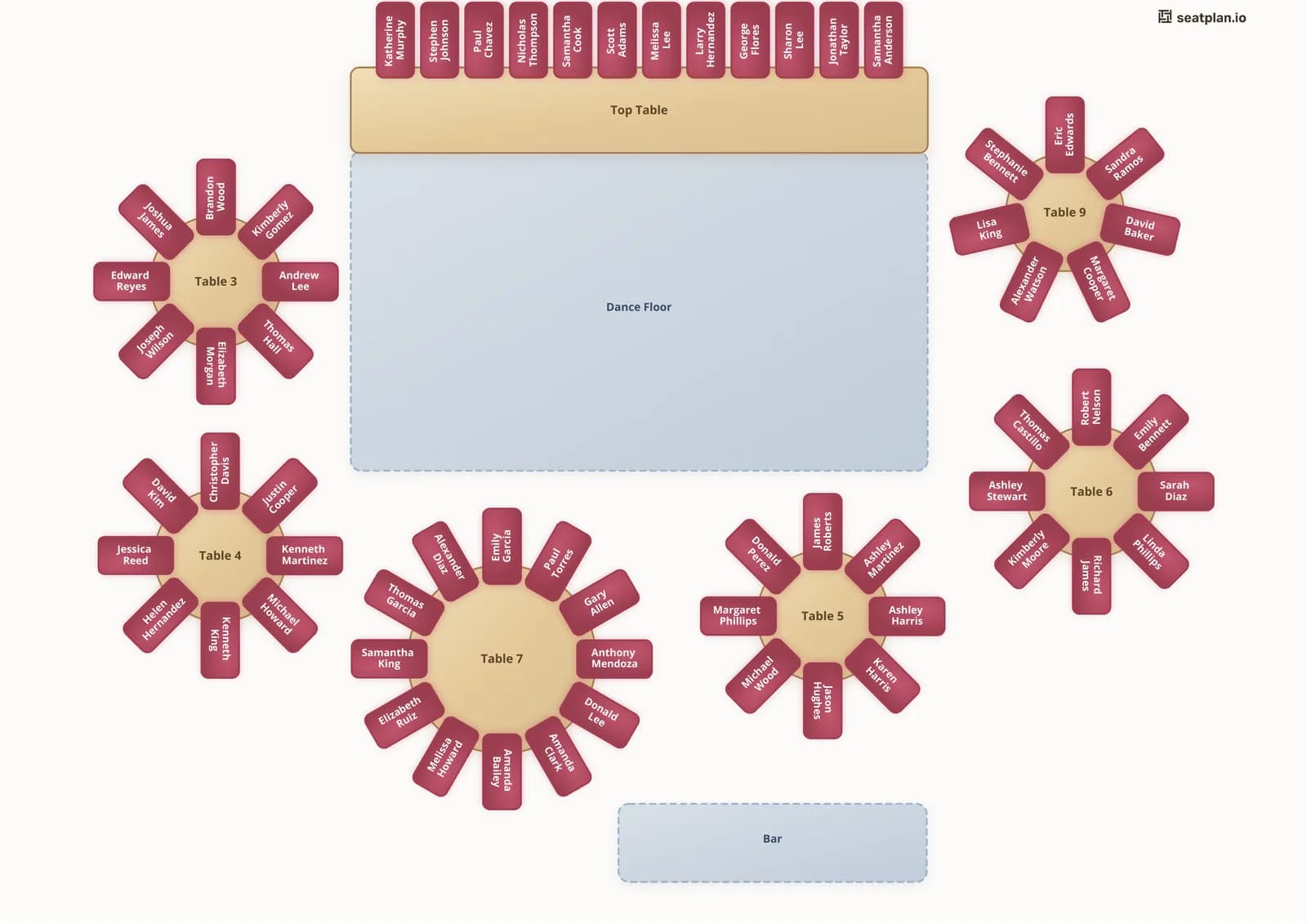 A printed SeatPlan.io table plan: a top table, round tables with each guest's full name on their chair, a dance floor and a bar